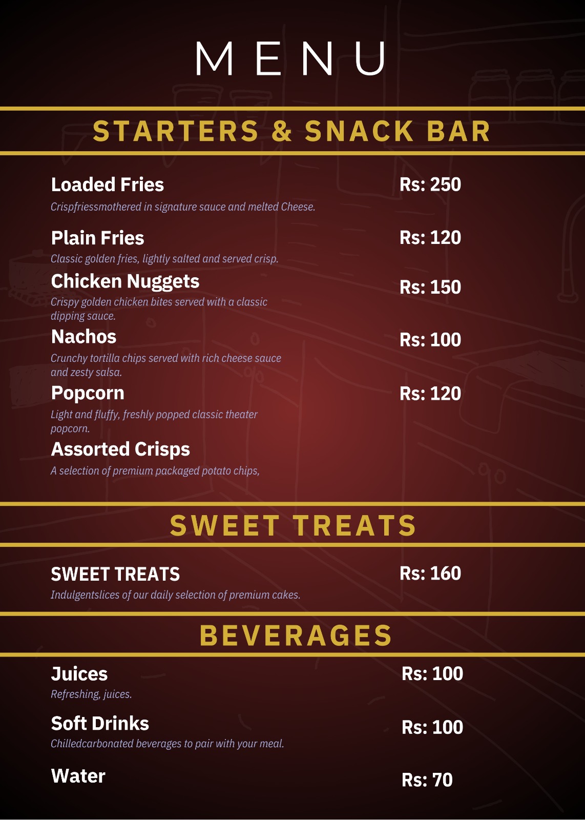Menu — Starters, Sweet Treats & Beverages